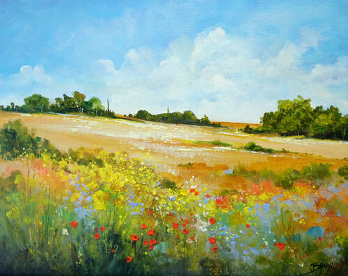 Fleurs sauvages et champ de blé di Eric Bruni, Pittura in vendita su Singulart
