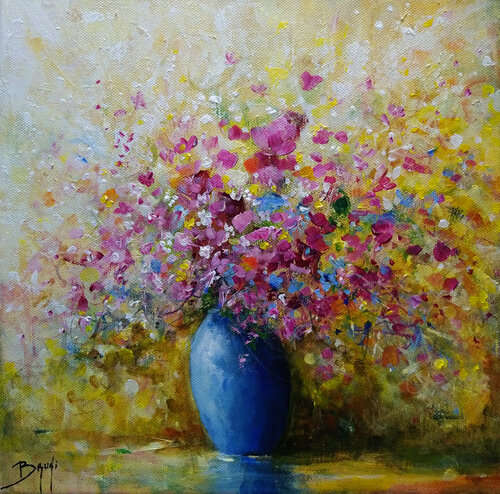 Bouquet de fleurs Magenta au vase bleu par Eric Bruni, Peinture en vente sur Singulart