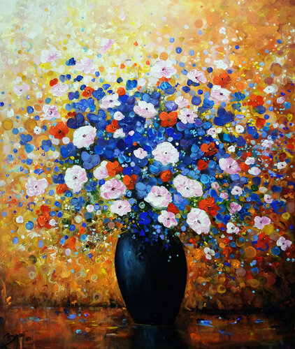 Bouquet de fleurs au vase noir van Eric Bruni, Schilderij te koop op Singulart