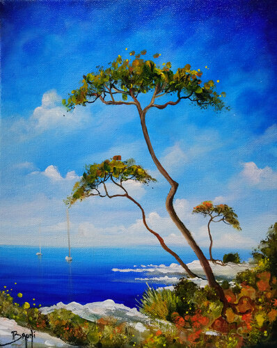 Pins parasols et bord de mer van Eric Bruni, Schilderij te koop op Singulart