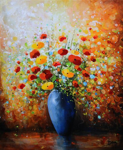 Fleurs rouges au vase bleu van Eric Bruni, Schilderij te koop op Singulart