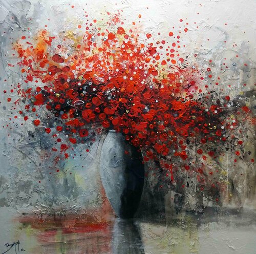 Bouquet de fleurs rouges étincelles van Eric Bruni, Schilderij te koop op Singulart