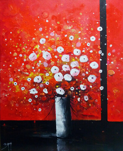 Bouquet de fleurs blanches sur fond rouge van Eric Bruni, Schilderij te koop op Singulart