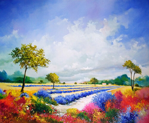 Lavandes et buissons colorés von Eric Bruni, Malerei kaufen auf Singulart