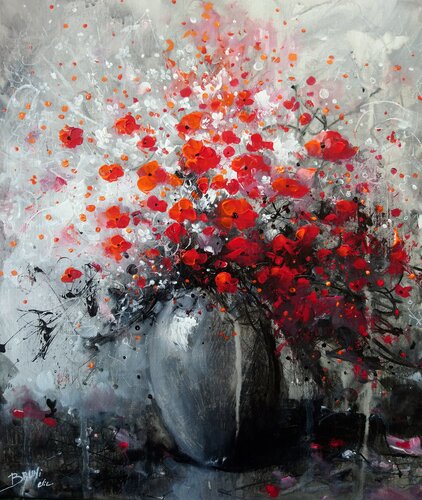 Bouquet de fleurs rouges au vase gris van Eric Bruni, Schilderij te koop op Singulart