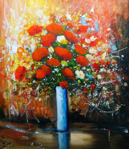 Fleurs rouges au vase bleu von Eric Bruni, Malerei kaufen auf Singulart