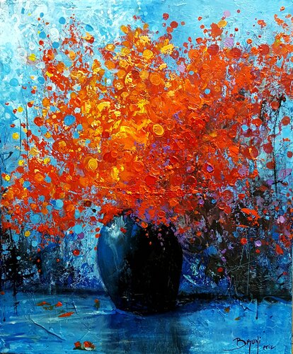 Red flowers in black vase van Eric Bruni, Schilderij te koop op Singulart