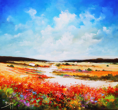 Plaine aux fleurs rouges van Eric Bruni, Schilderij te koop op Singulart