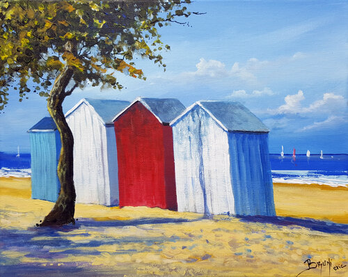 Les cabines sur la plage par Eric Bruni, Peinture en vente sur Singulart