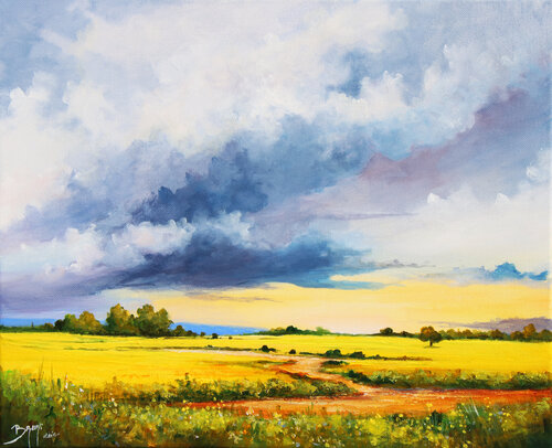 Coucher de soleil sur le champ de canola von Eric Bruni, Malerei kaufen auf Singulart
