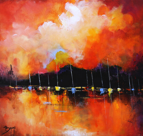 Bateaux sous un ciel incandescent di Eric Bruni, Pittura in vendita su Singulart