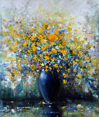 Contraste Floréal: Jaune, Noir et Bleu par Eric Bruni, Peinture en vente sur Singulart