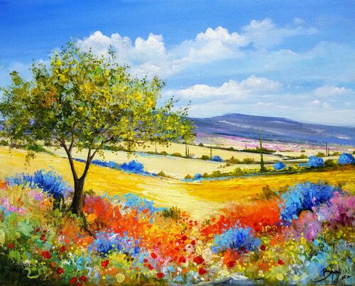 L'arbre au milieu des buissons bleus di Eric Bruni, Pittura in vendita su Singulart