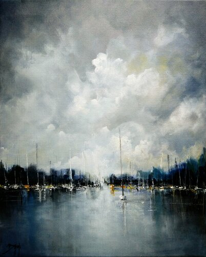 Bateaux à l'entrée du port di Eric Bruni, Pittura in vendita su Singulart