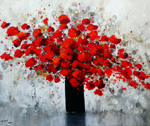Fleurs rouges au vase noir di Eric Bruni, Pittura in vendita su Singulart