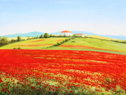 Champ de coquelicots en Toscane van Eric Bruni, Schilderij te koop op Singulart