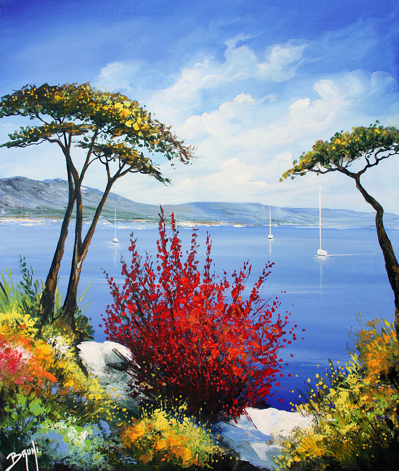 Buisson rouge et pins parasol en bord de mer Eric Bruni