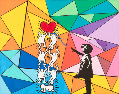 A bras le coeur, tribute to Banksy and Keith Haring van Wawapod, Schilderij te koop op Singulart