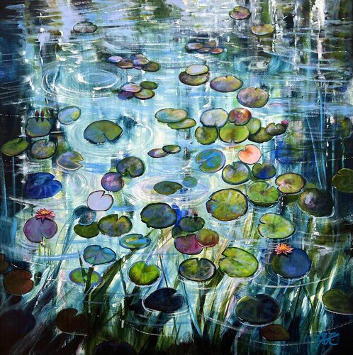 Water Lilies At Sunset 7 di Sandra Gebhardt-Höpfner, Pittura in vendita su Singulart