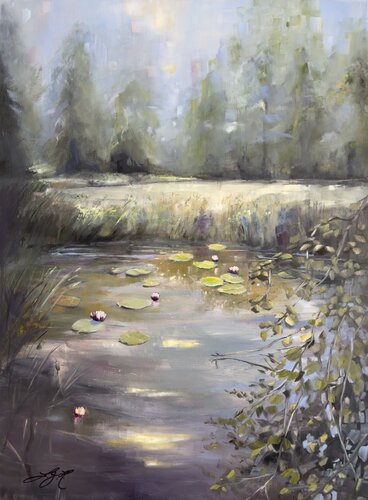 Into The Woods With Water Lilies van Sandra Gebhardt-Höpfner, Schilderij te koop op Singulart