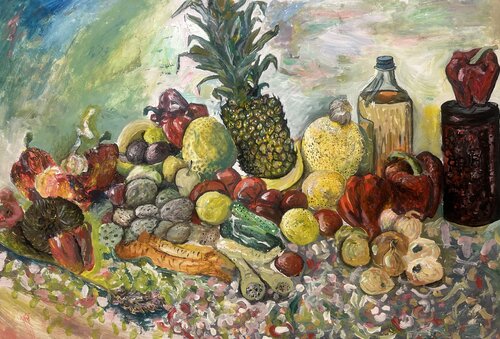 Средиземноморский натюрморт с ананасом par Brüder Peter & Arkadi Martyniuk, Peinture en vente sur Singulart