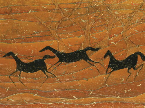 BLACK HORSES IN AUTUMN van 千佳子 伊藤, Schilderij te koop op Singulart