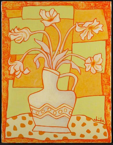 水玉模様のテーブルクロスにチューリップ by 千佳子 伊藤, Painting for Sale on Singulart