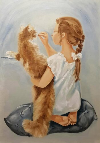 Picture of a girl with a red cat. Painting of a girl with a cat. by IRINA OLEYNIK, Painting for Sale on Singulart