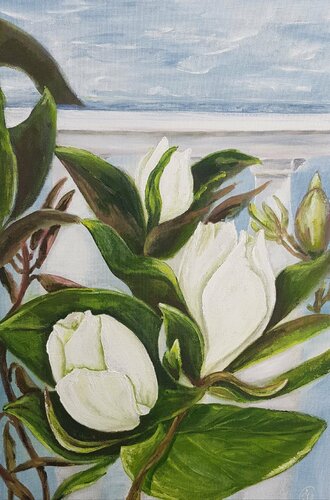 Magnolia painting. Original art white flowers. Floral art.Flowers van IRINA OLEYNIK, Schilderij te koop op Singulart