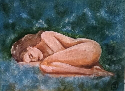 Oil painting of a sleeping woman, Art sleeping girl. "Silent sleep". van IRINA OLEYNIK, Schilderij te koop op Singulart
