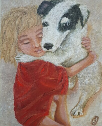 Painting girl with dog, Favorite pets on canvas, Dog. van IRINA OLEYNIK, Schilderij te koop op Singulart