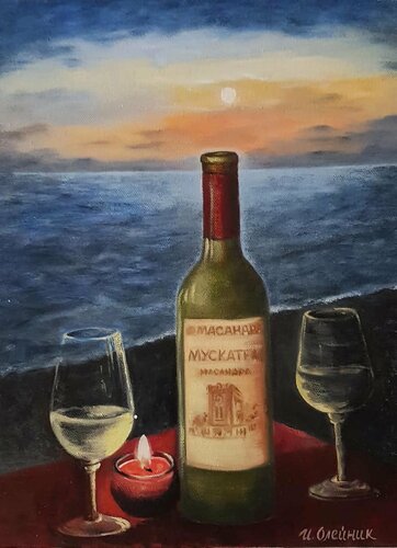 Wine bottle Romantic painting Sunset painting Glass of wine Candles Sunset painting on canvas Seascape Original art sunset Oil painting van IRINA OLEYNIK, Schilderij te koop op Singulart