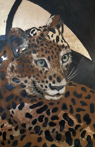 Leopard, Wild animals, Gold leaf painting on canvas. van IRINA OLEYNIK, Schilderij te koop op Singulart