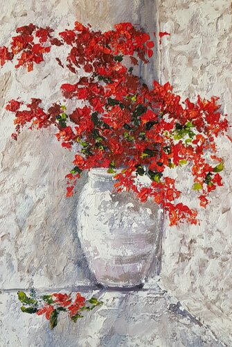 Tropical bougainvillea flowers. Oil painting. Summer art van IRINA OLEYNIK, Schilderij te koop op Singulart