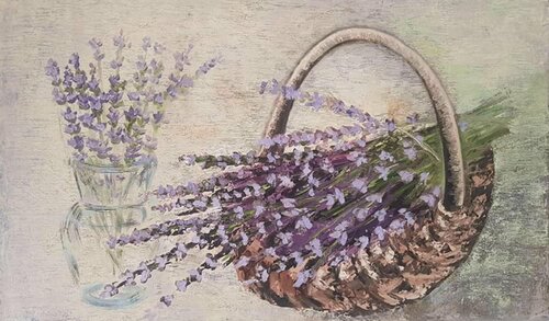 Lavender in a basket artwork. Lavender painting. Garden flower painting. van IRINA OLEYNIK, Schilderij te koop op Singulart