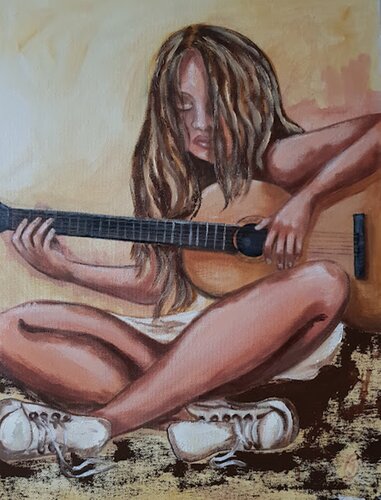 Picture of a girl with a guitar. van IRINA OLEYNIK, Schilderij te koop op Singulart