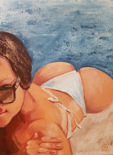 "On the beach". Original oil painting, sexy women. Summer art van IRINA OLEYNIK, Schilderij te koop op Singulart