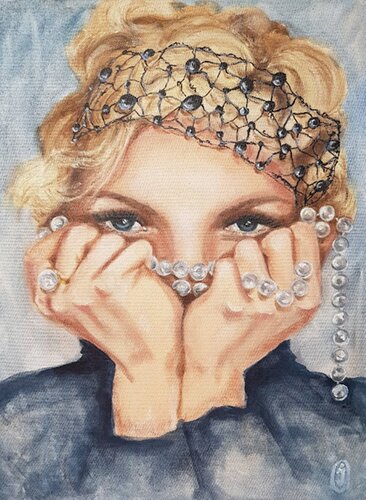 Portrait of a woman in beads. Woman with pearl beads. van IRINA OLEYNIK, Schilderij te koop op Singulart