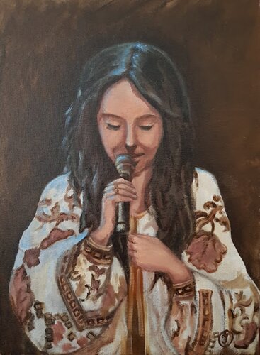 Portrait of a singing woman, a woman in an embroidered shirt. "Jamala. Song about Ukraine." van IRINA OLEYNIK, Schilderij te koop op Singulart