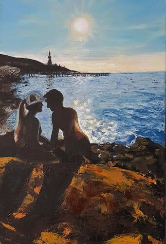 Love couple painting Sunset painting on canvas Sea painting Seascape Original art sunset Oil painting van IRINA OLEYNIK, Schilderij te koop op Singulart