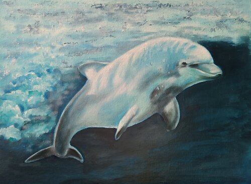 Dolphins oil painting. Underwater sea life dolphins on canvas. van IRINA OLEYNIK, Schilderij te koop op Singulart