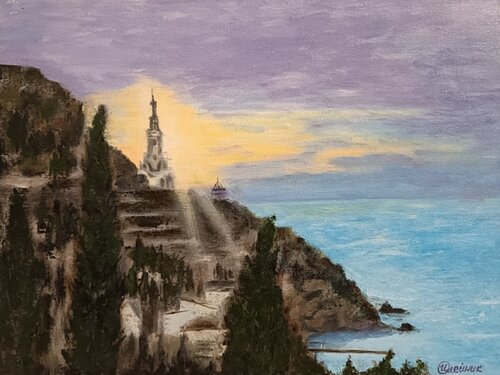 Seascape, Sunset painting, Oil painting, sea on canvas, Temple on the mountain. van IRINA OLEYNIK, Schilderij te koop op Singulart