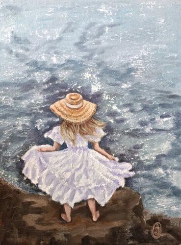 "Playing by the Water". Children's portrait. Children and the sea. van IRINA OLEYNIK, Schilderij te koop op Singulart