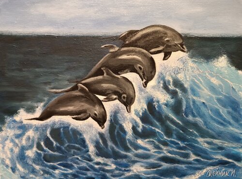 Dolphins oil painting. Animal painting on canvas. van IRINA OLEYNIK, Schilderij te koop op Singulart