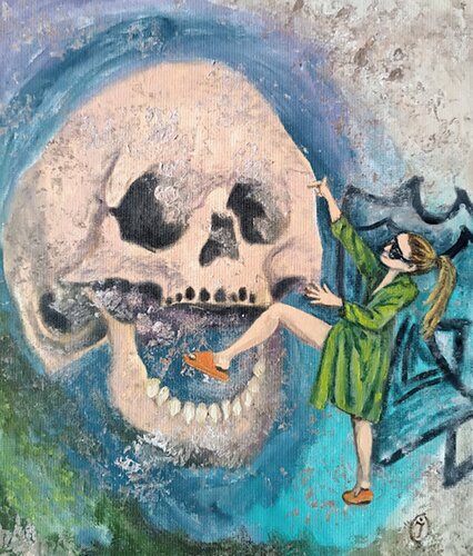 Mural in Brazil skull. Skull painting. van IRINA OLEYNIK, Schilderij te koop op Singulart