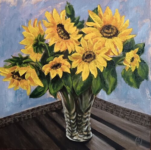 Flowers, Sunflowers in a vase art, Sunflowers in a vase painting. van IRINA OLEYNIK, Schilderij te koop op Singulart