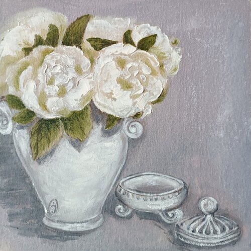 Peonies in a vase oil painting. Peonies fine art. Flowers. van IRINA OLEYNIK, Schilderij te koop op Singulart