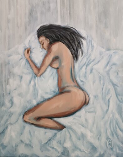 Nude girl, Modern art naked,Sleeping woman, Intimacy Artworks van IRINA OLEYNIK, Schilderij te koop op Singulart