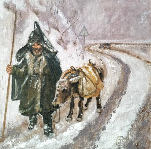 Painting An old man with a donkey in the mountains. van IRINA OLEYNIK, Schilderij te koop op Singulart