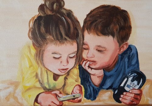 Child with mobile phone. Painting children with phone.Love and friendship. van IRINA OLEYNIK, Schilderij te koop op Singulart